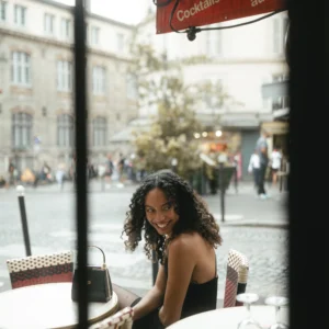 Portrait pris à travers la vitrine d'un café à Montmartre, place parisienne en arrière-plan